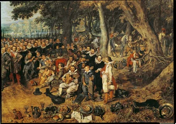 Allegorie van het Bestand van 1609 tussen Nederland en Spanje, detail van muzikanten aan de rechterkant